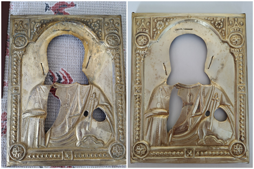 До и после чистки оклад иконы из латуни