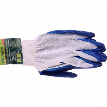 Перчатки полиэфирные с синим нитрильным покрытием маслобензостойкие, L, 15 класс вязки Сибртех 67862
